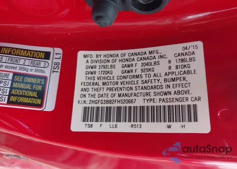 2015 Honda Civic Ex from USA, damaged, VIN 2HGFG3B82FH520667